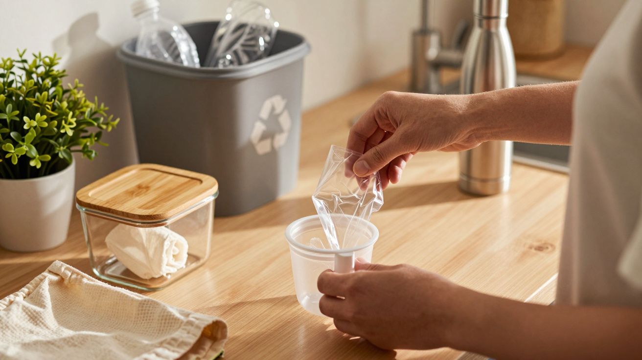 Mãos descartando plástico em recipiente no balcão, com plantas, frasco e caixote de reciclagem ao fundo.