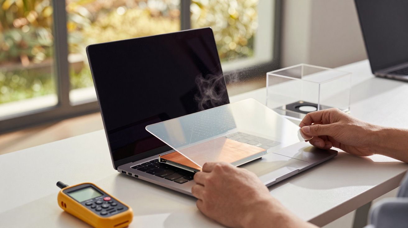 Pessoa colocando um filme protetor num laptop sobre uma mesa, com um walkie-talkie ao lado.