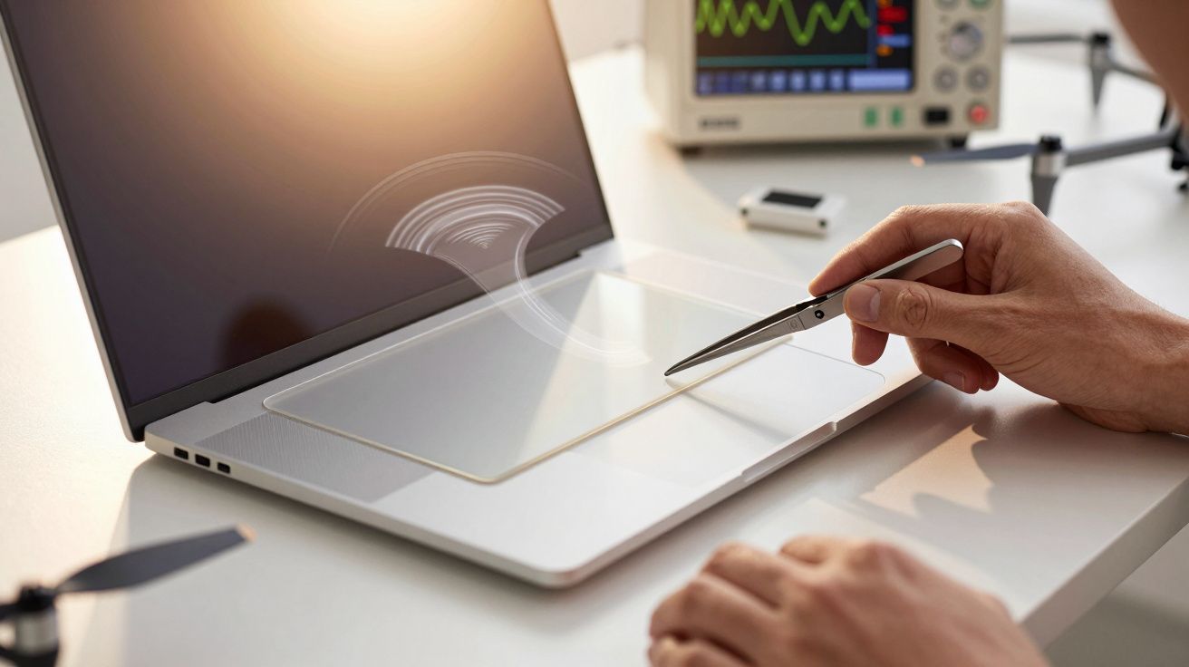 Mão usando uma caneta digital num portátil com gráficos no ecrã em segundo plano.