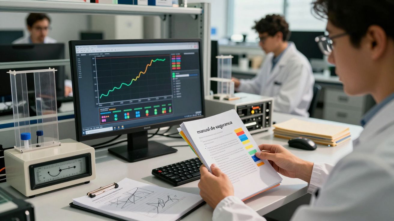 Cientista em laboratório analisa gráfico no monitor enquanto segura manual de sequenciamento ao lado de equipamento científic