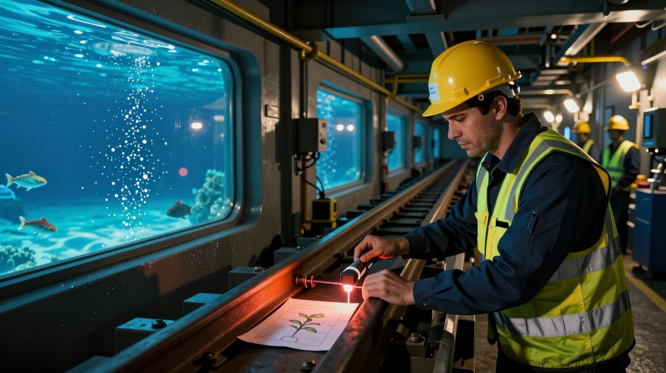 Trabalhador com capacete a examinar documento numa instalação industrial, com janelas mostrando um aquário com peixes.