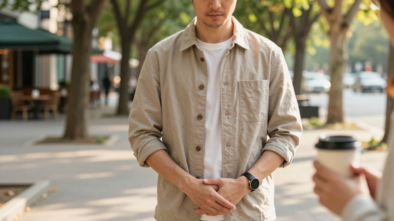 Homem de camisa bege e relógio num passeio à sombra de árvores. Outra pessoa segura copo de bebida à direita.