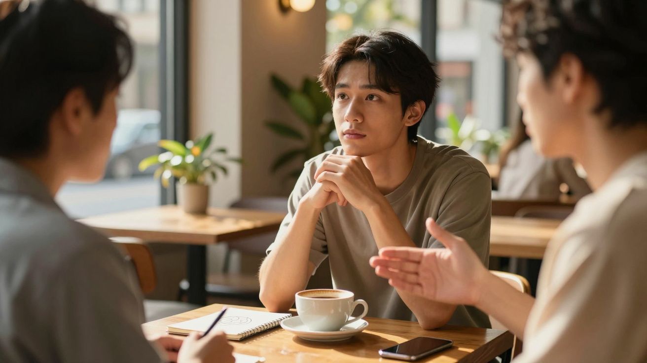 Três pessoas conversam numa cafetaria ensolarada; uma delas está pensativa, com um caderno e uma chávena à frente.