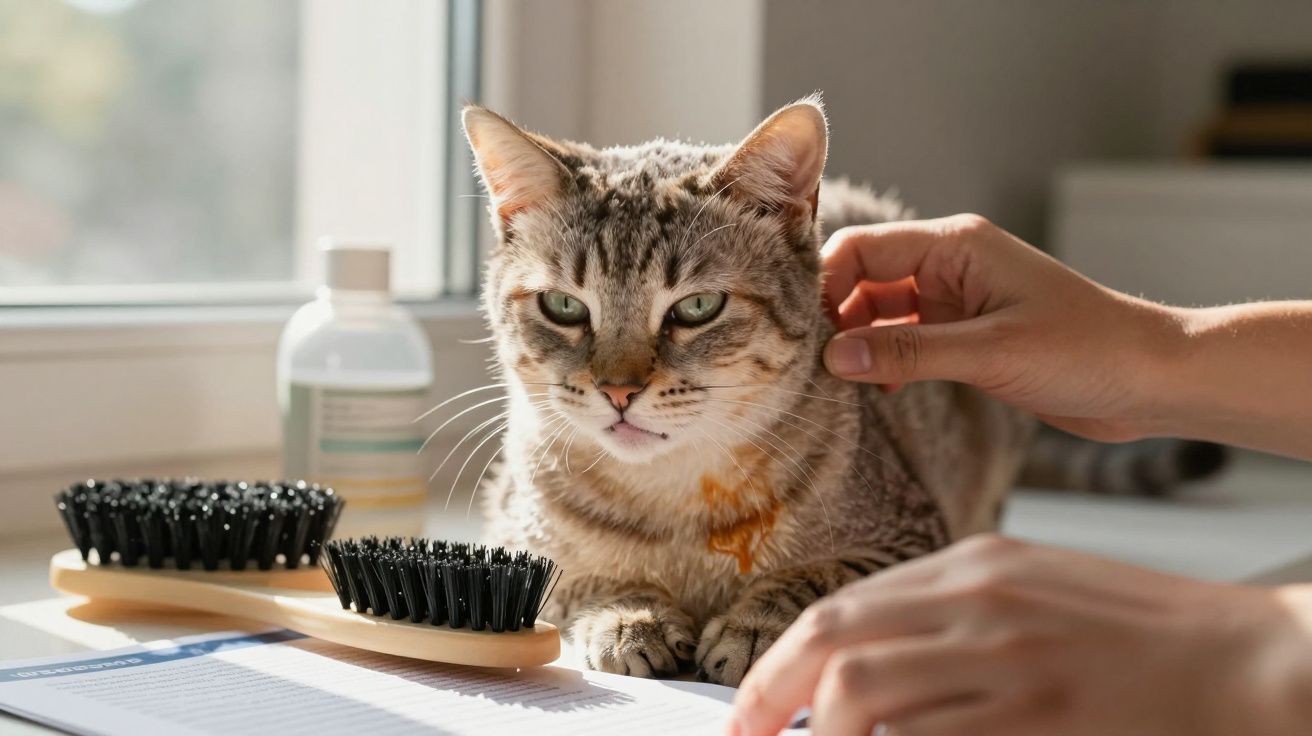 Gato tigrado sentado numa mesa ao lado de uma escova, enquanto é acariciado por uma pessoa.