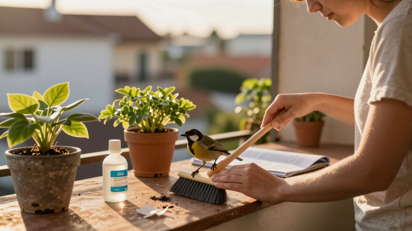 Pessoa varre terra em varanda com pássaro pousado na escova; plantas em vasos e frasco ao lado.