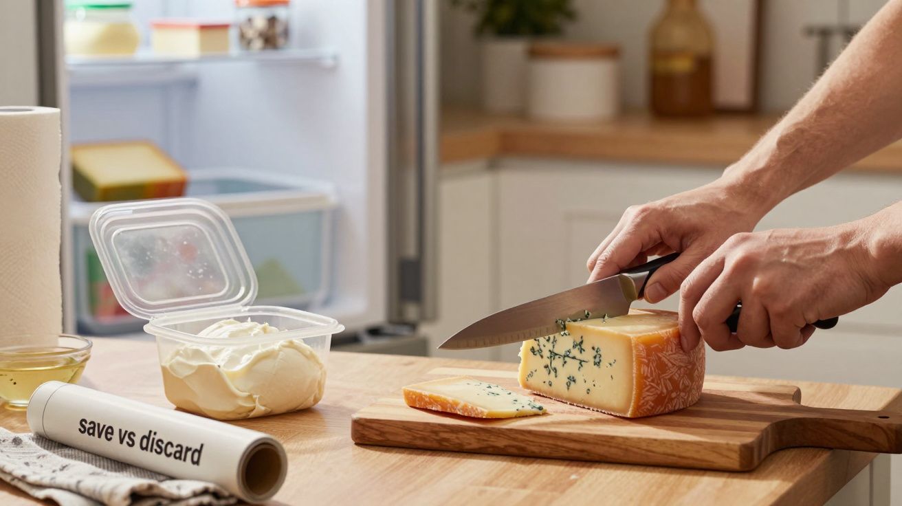 Mãos cortando queijo com bolor azul numa tábua de madeira, perto de uma embalagem de plástico e rolo de papel.