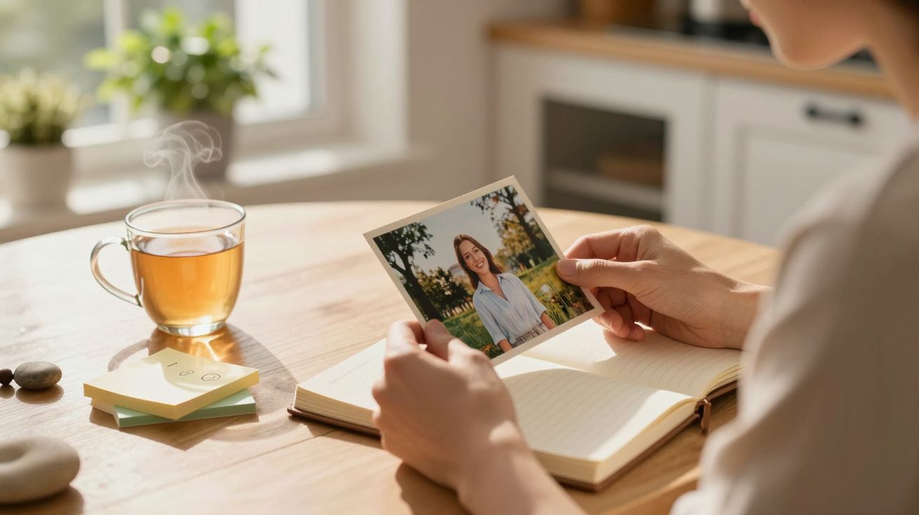 Pessoa segura uma foto sobre um caderno, ao lado de uma chávena de chá quente numa mesa de madeira.