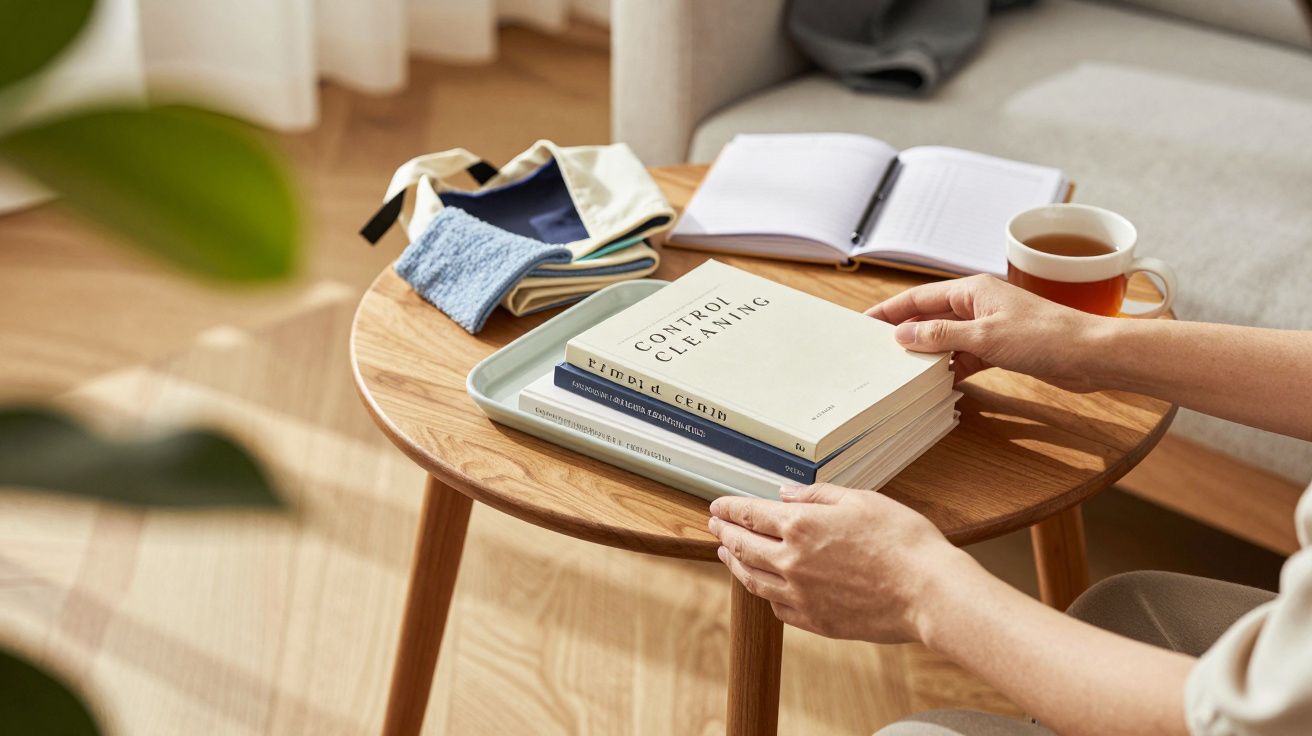 Mesa de madeira com livros, chávena de chá, caderno aberto e panos coloridos. Mãos seguram numa pilha de livros.