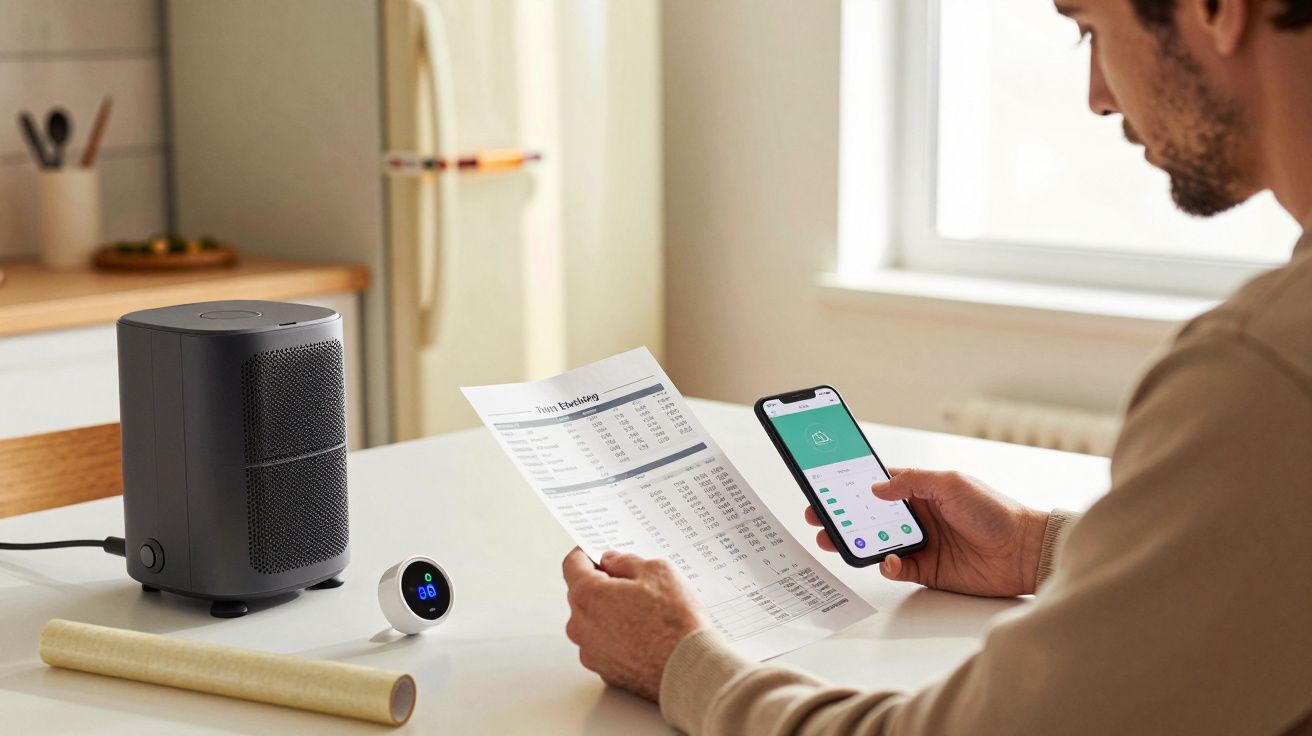 Homem sentado à mesa usando telemóvel e folha com tabela, com coluna inteligente e monitor ao lado.