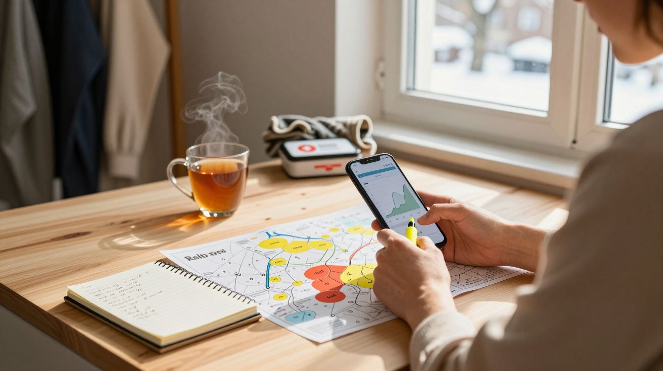 Pessoa a olhar para telemóvel, gráficos em papel, chá a fumegar na mesa junto da janela.