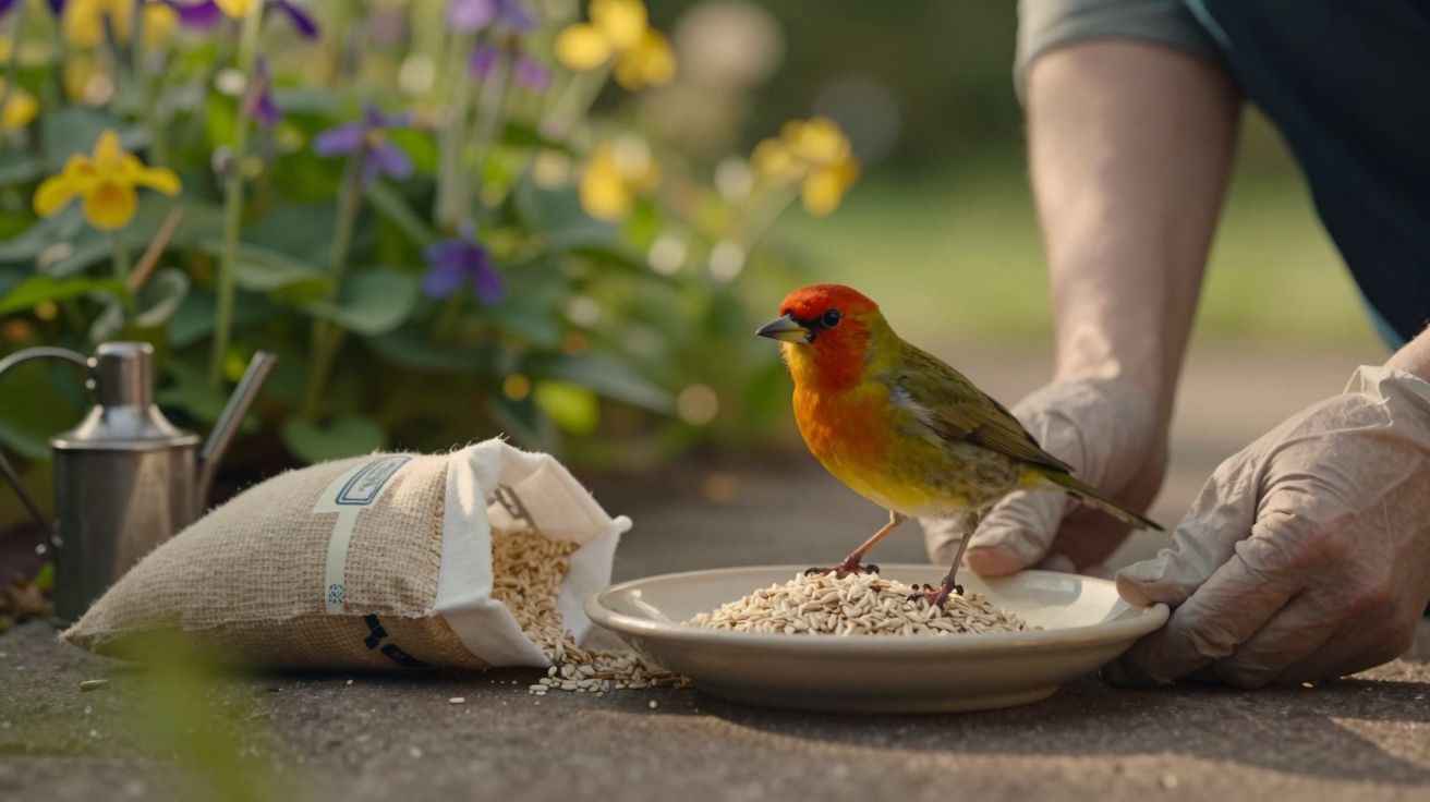 Pássaro colorido comendo sementes num prato no jardim, com flores ao fundo e uma pessoa ajudando.