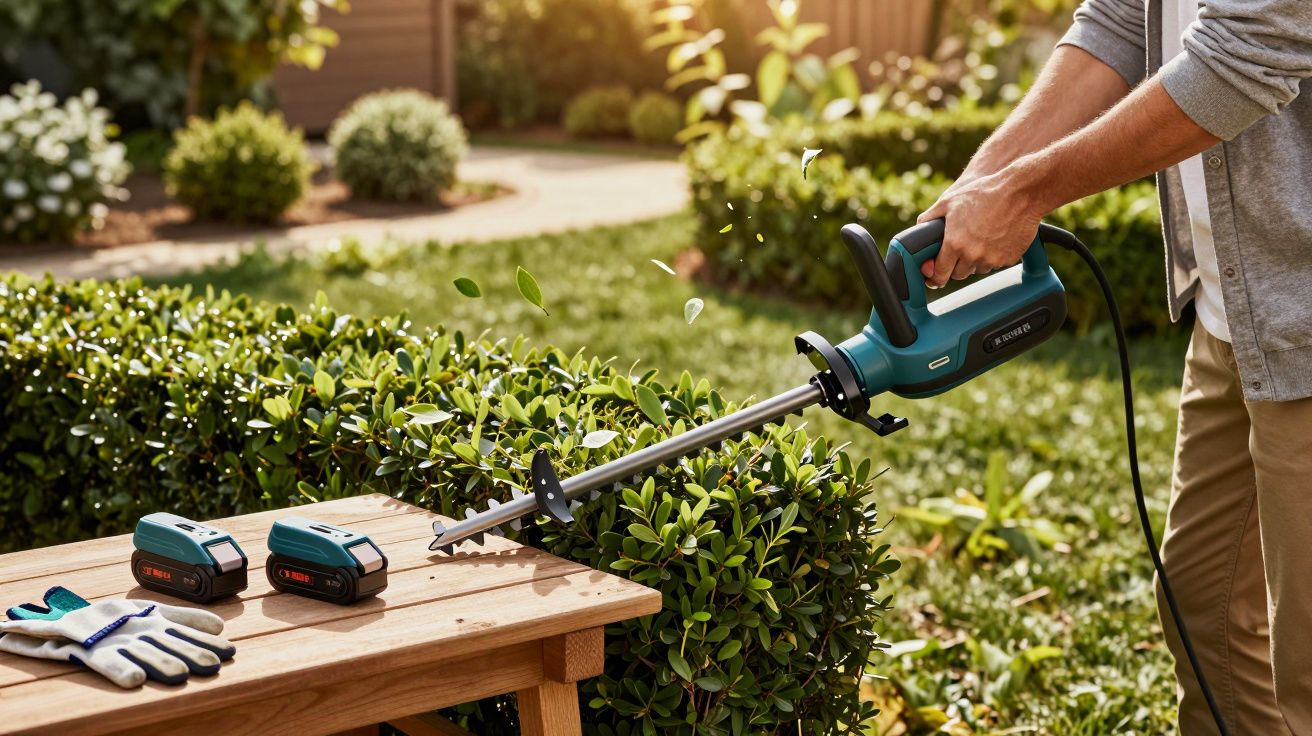 Pessoa a aparar arbusto com aparador elétrico no jardim, luvas e baterias sobre o banco.