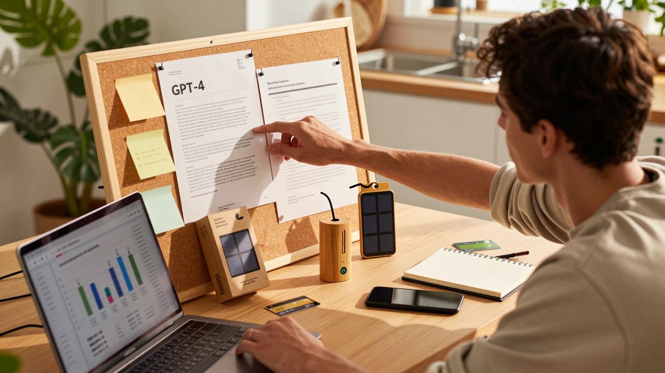 Homem a trabalhar em secretária com portátil, documentos e telemóvel, frente a um quadro de cortiça com notas.