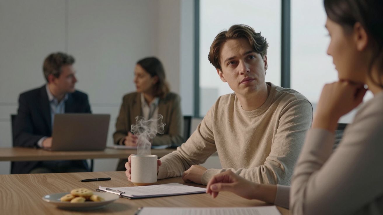 Homem atento em reunião, segurando uma caneca, duas pessoas ao fundo conversam e há uns biscoitos sobre a mesa.
