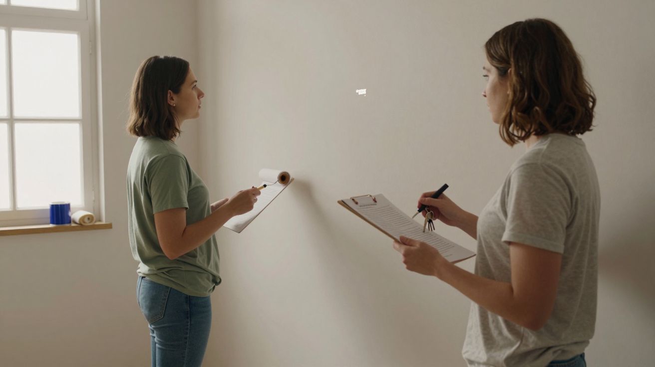 Duas mulheres escrevem em pranchetas, analisando uma parede dentro de uma sala bem iluminada.