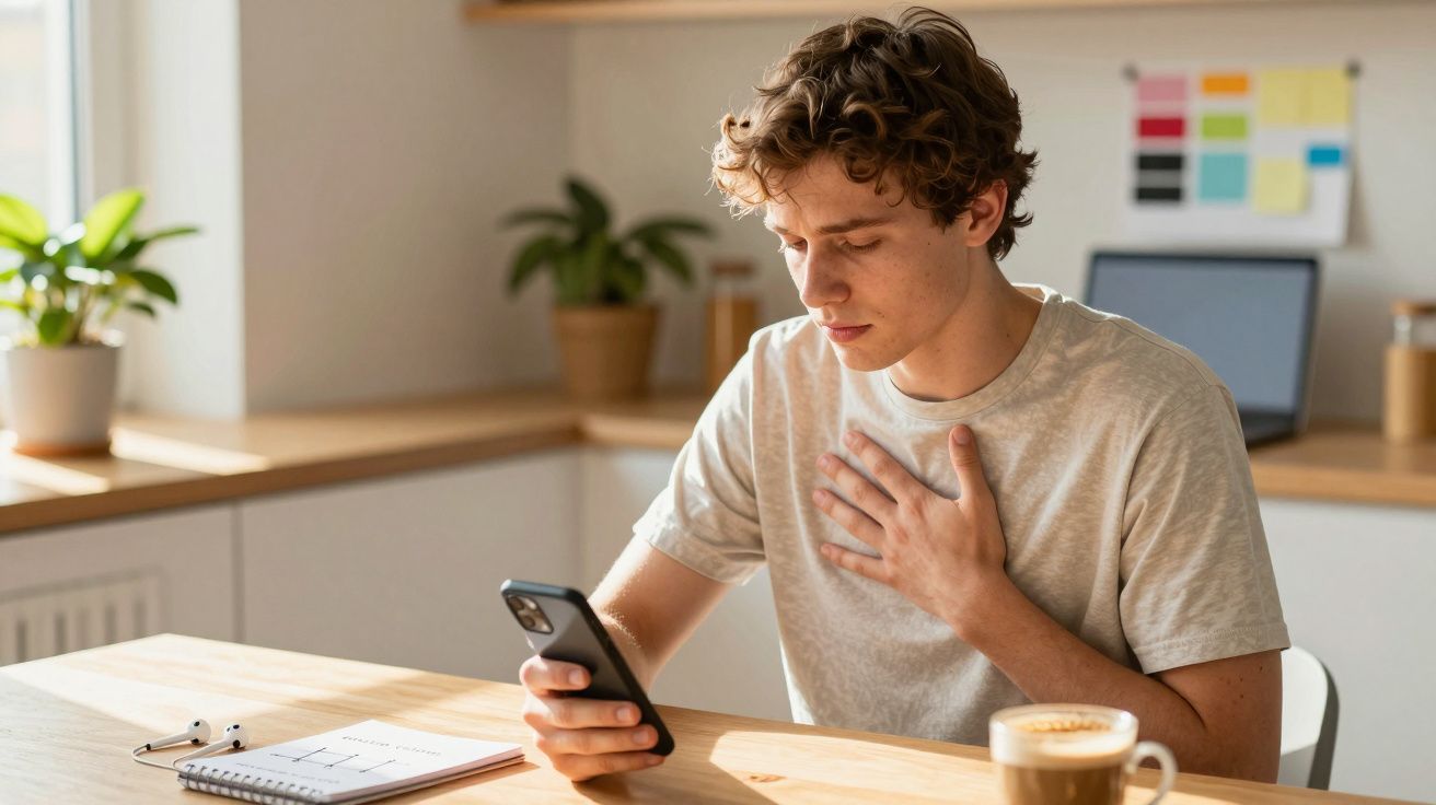 Homem sentado à mesa, olhando para o telemóvel com a mão no peito. Há uma chávena de café e um caderno ao lado.