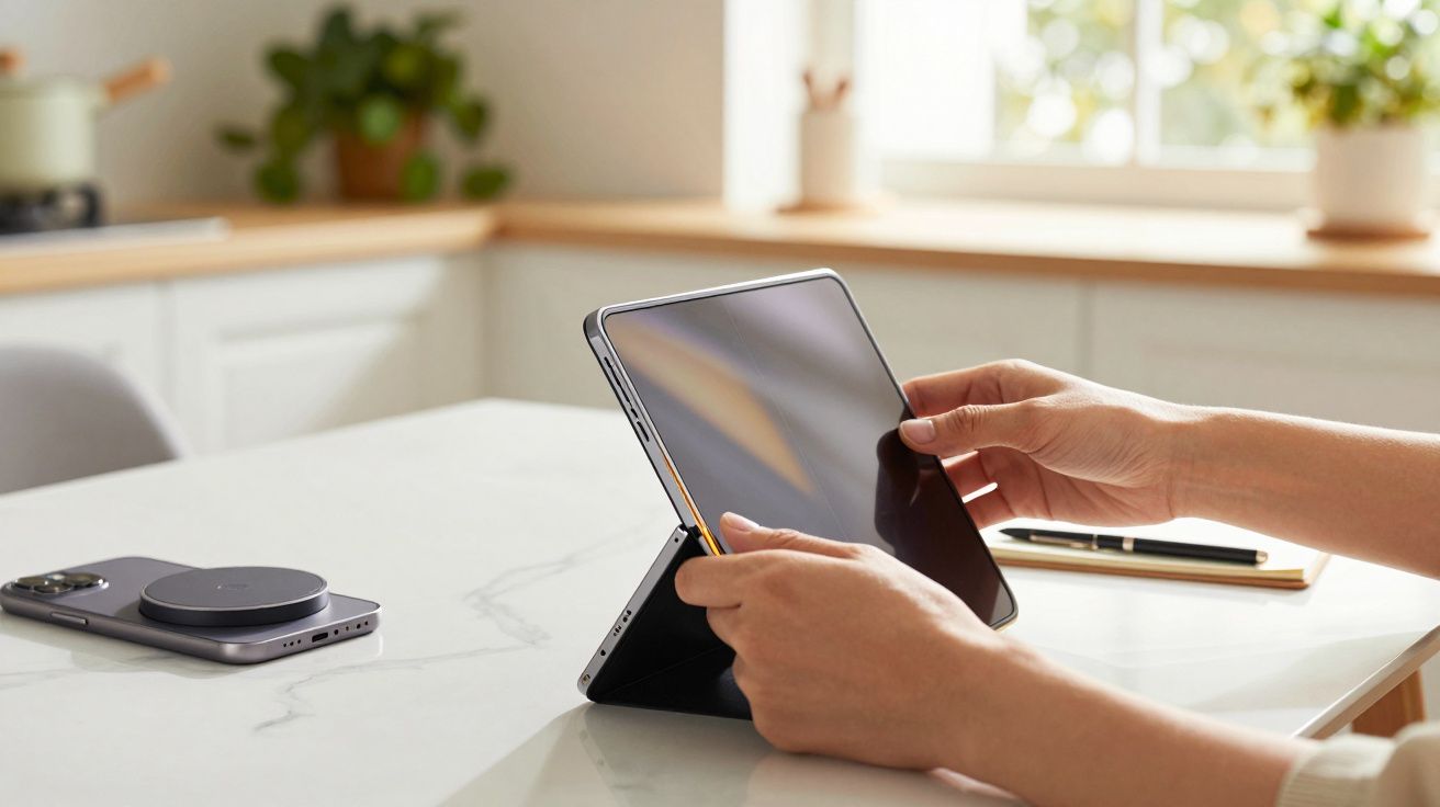 Pessoa segurando tablet em suporte numa cozinha; smartphone e caderno estão na bancada.