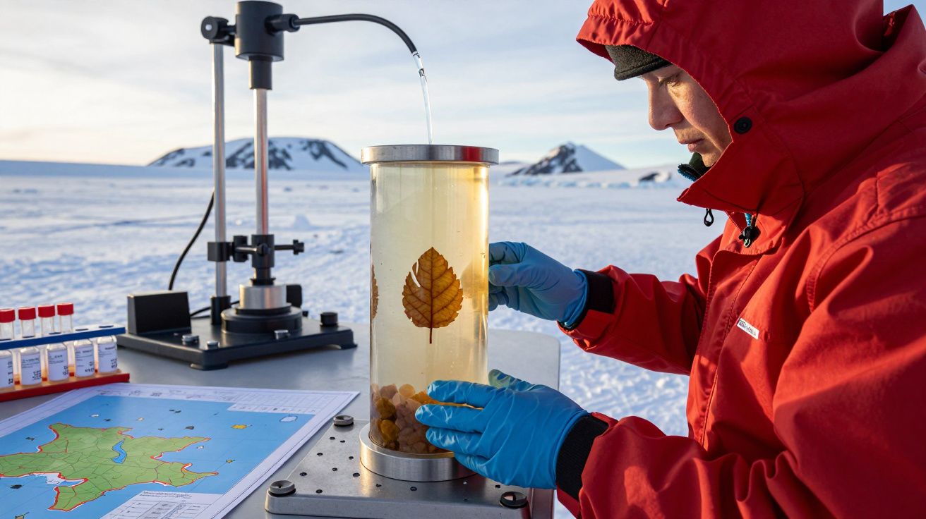 Cientista de casaco vermelho analisa folhas num cilindro transparente no Ártico, com mapa e equipamento de laboratório.