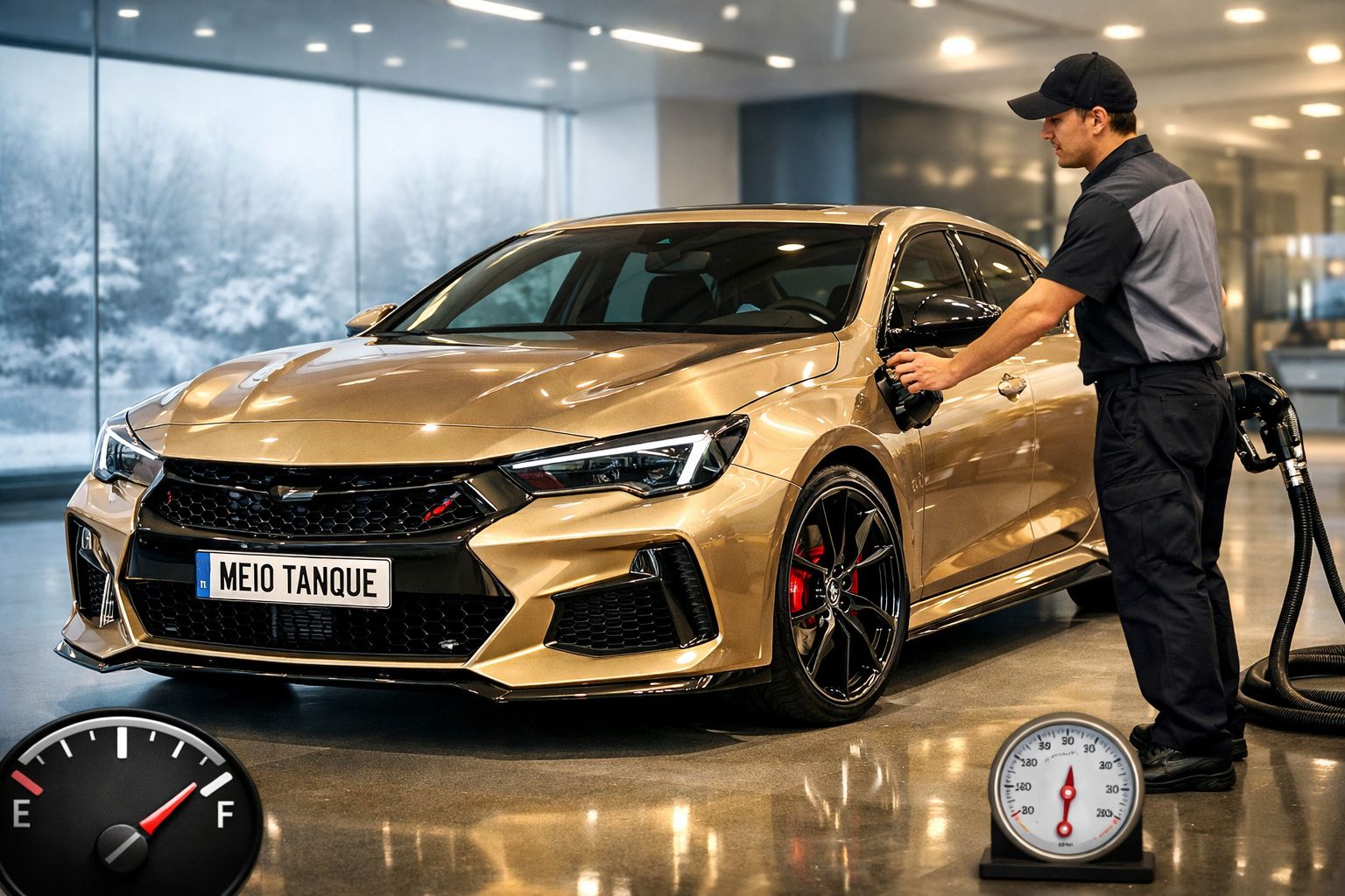 Pessoa abastece carro com combustível numa estação de serviço, segurando uma mangueira de combustível com bocal verde.