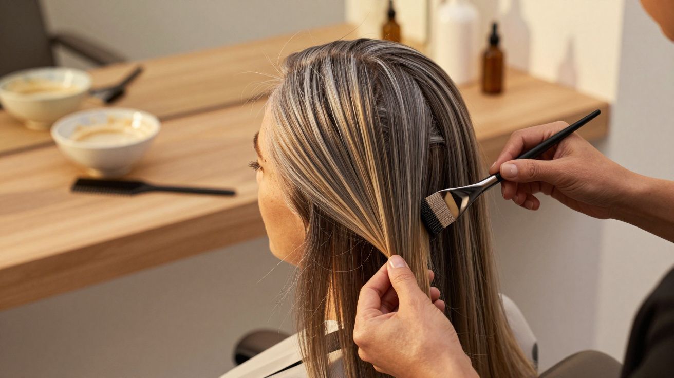 Pessoa a aplicar tinta em cabelo loiro claro, num salão de cabeleireiro com mesa de madeira e recipientes ao fundo.