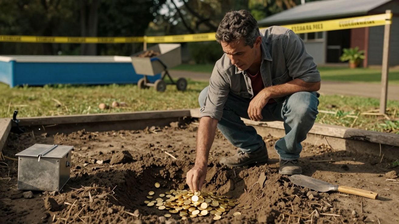 Homem agachado, recolhe moedas de ouro de buraco no solo com pá ao lado; casa e fita de segurança ao fundo.