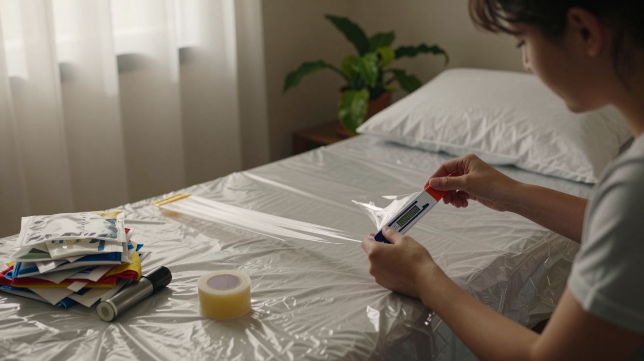 Mulher a preparar saco de embalar ao lado de materiais diversos em cima de cama coberta com plástico transparente.