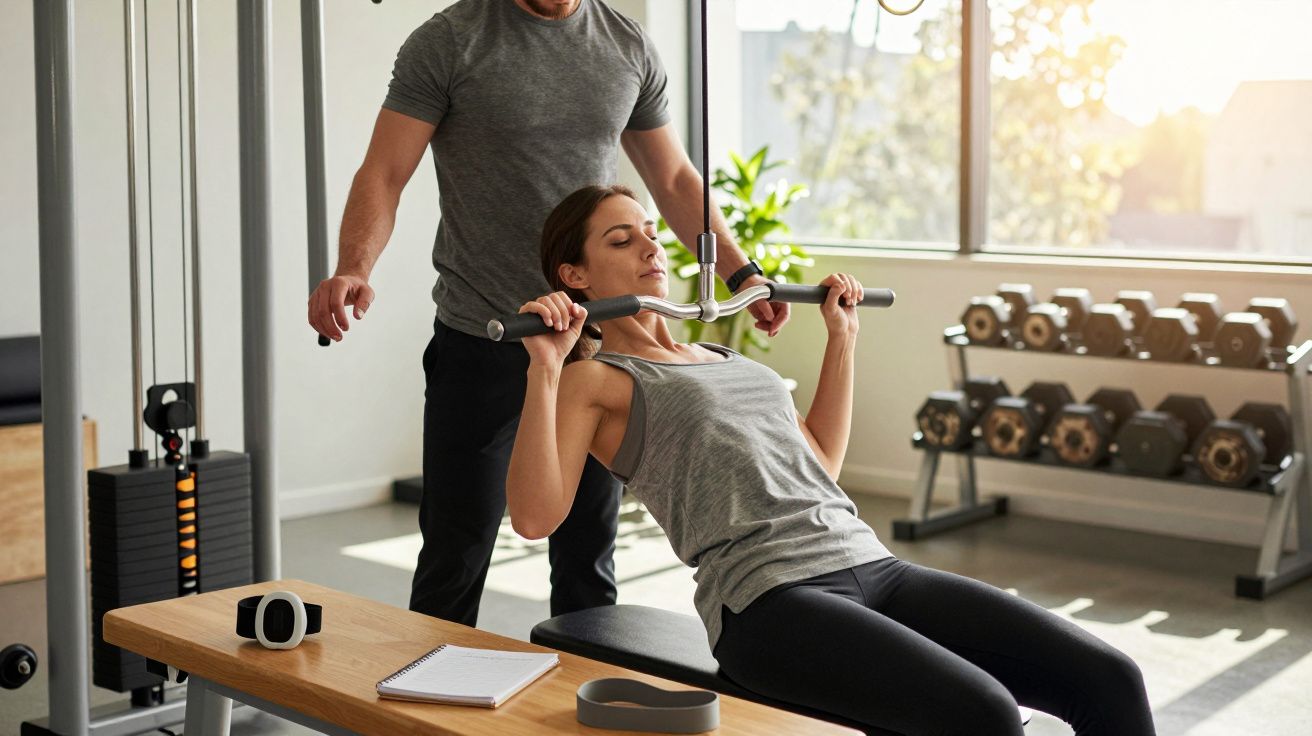 Mulher a treinar num ginásio, acompanhada por instrutor. Usa máquina de musculação, rodeada por equipamentos.