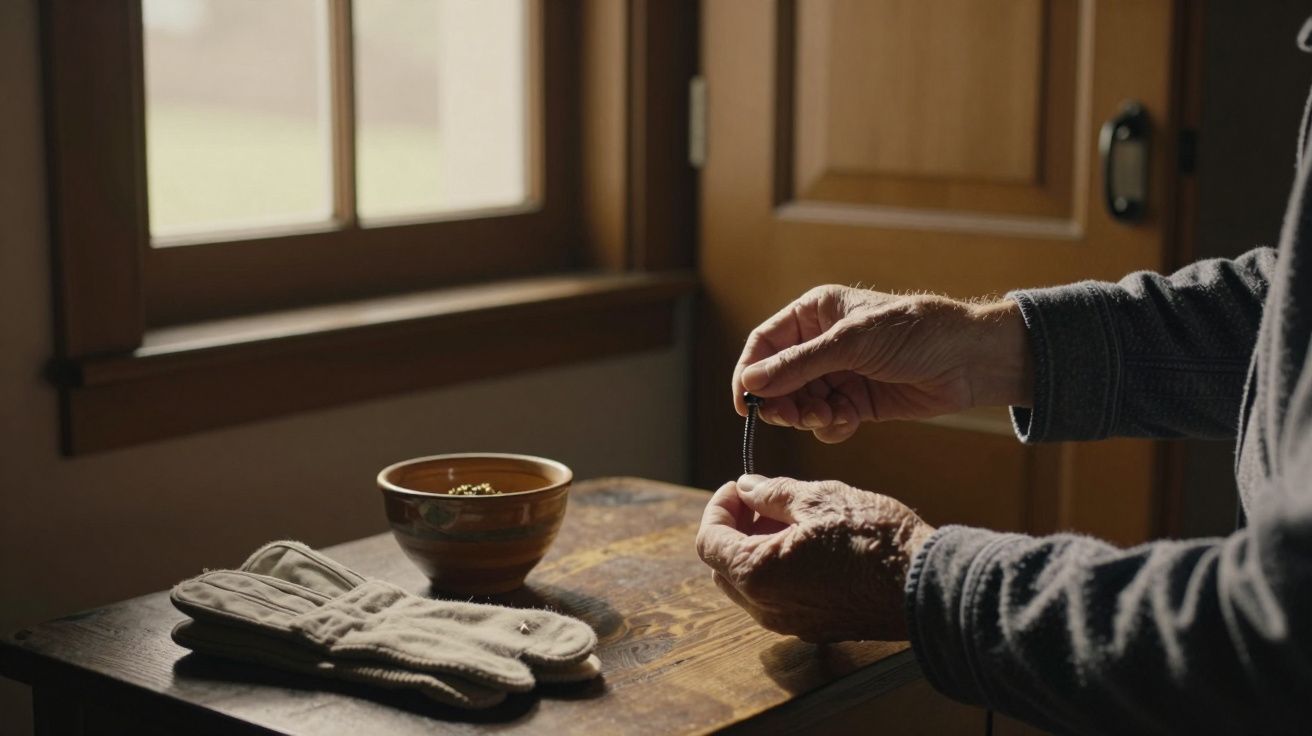 Homem idoso segurando um rosário ao lado de uma mesa com luvas e uma tigela de cerâmica, perto da janela.