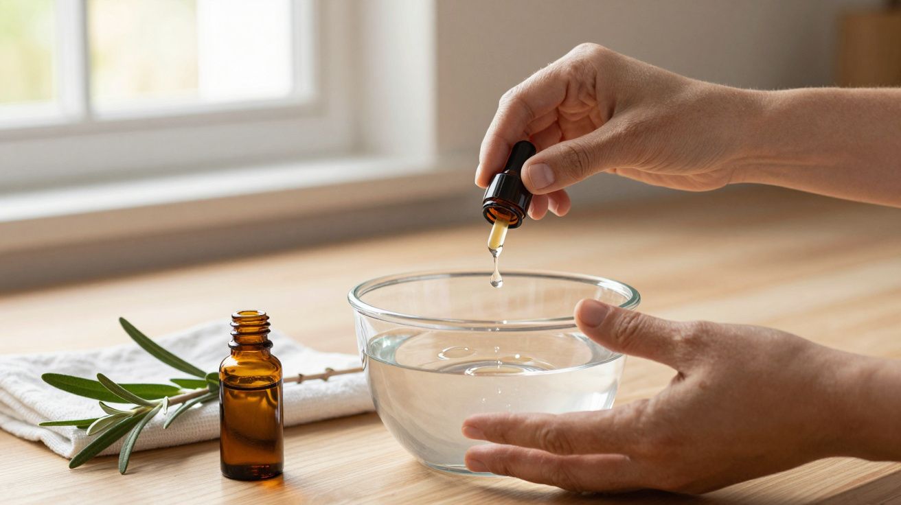 Mãos seguram conta-gotas, adicionando óleo essencial a uma tigela de água, com frasco e folha ao lado.