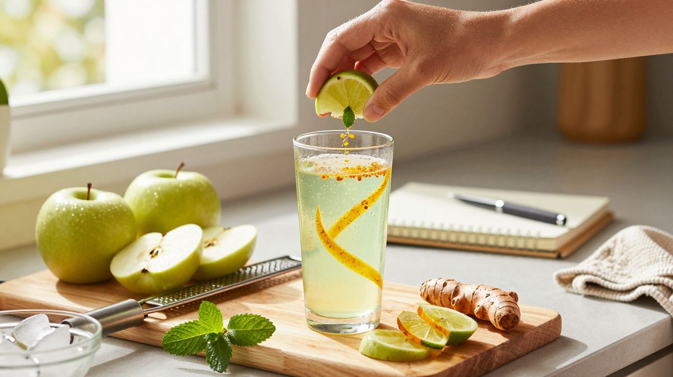 Mão a espremer lima em copo com bebida refrescante, rodeado por maçãs, gengibre e hortelã numa bancada de cozinha.