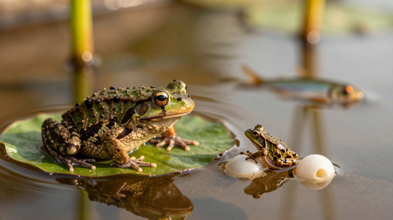 Sapos em folha de nenúfar com água e peixes ao fundo, retratando o ambiente natural.