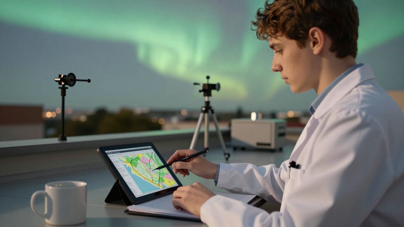 Cientista em telhado analisa mapa num tablet, com aurora boreal ao fundo.