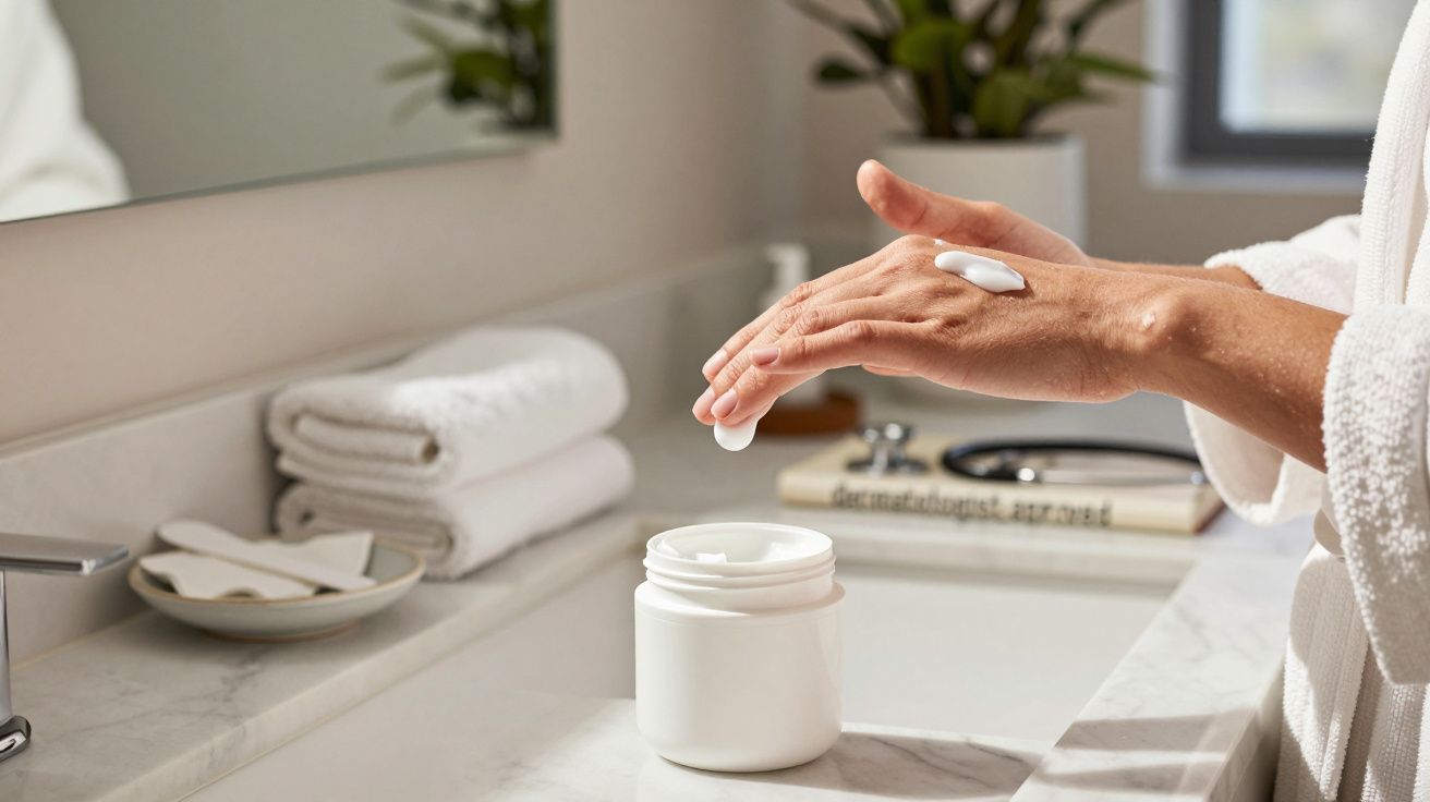Mãos aplicando creme de um frasco branco na casa de banho, com toalhas e planta ao fundo.