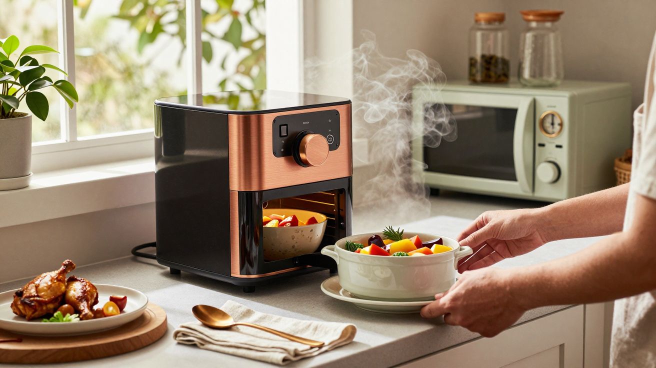 Pessoa retira um tabuleiro com legumes cozinhados de uma fritadeira de ar quente numa cozinha moderna e bem iluminada.
