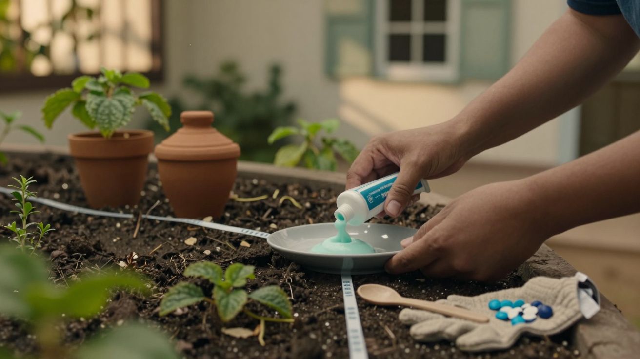 Mãos espreitam creme verde para prato em jardim com plantas, luva, colher e fita métrica.