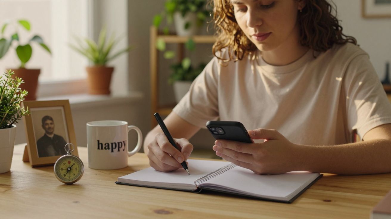 Mulher escreve em caderno e usa smartphone, sentada à mesa com plantas, caneca e fotografia.