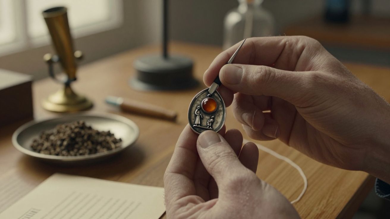 Close-up de mãos segurando um medalhão oval com uma pedra vermelha e figuras humanas entalhadas, sobre uma mesa de madeira.
