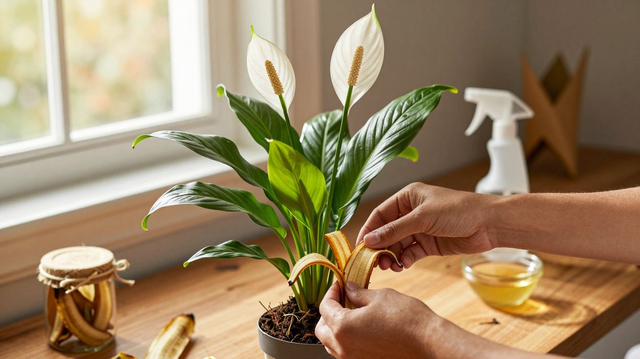 Mãos colocando casca de banana no vaso de planta com flores brancas perto de janela iluminada.