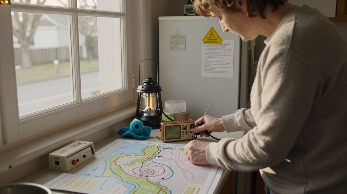 Pessoa analisando um mapa meteorológico com ferramentas em cima de uma mesa perto de uma janela.