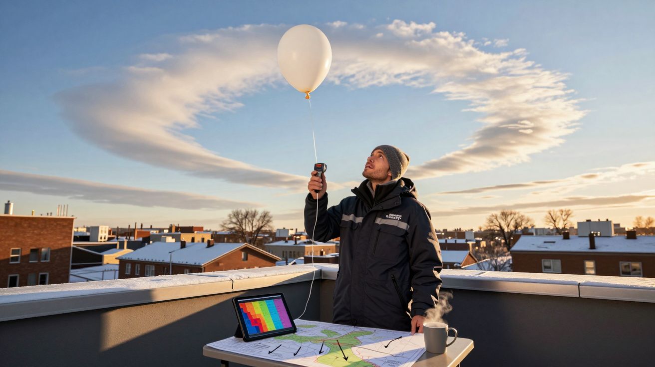 Homem num terraço a segurar balão meteorológico. Mesa com tablet, mapas e chávena sob céu parcialmente nublado.