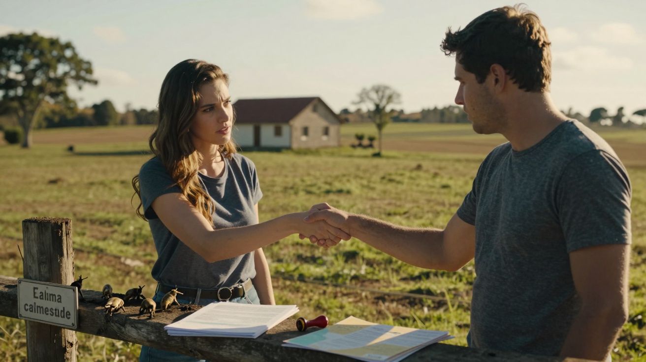 Homem e mulher apertam as mãos num campo verde, perto de uma cerca com papéis e objetos. Casa ao fundo.