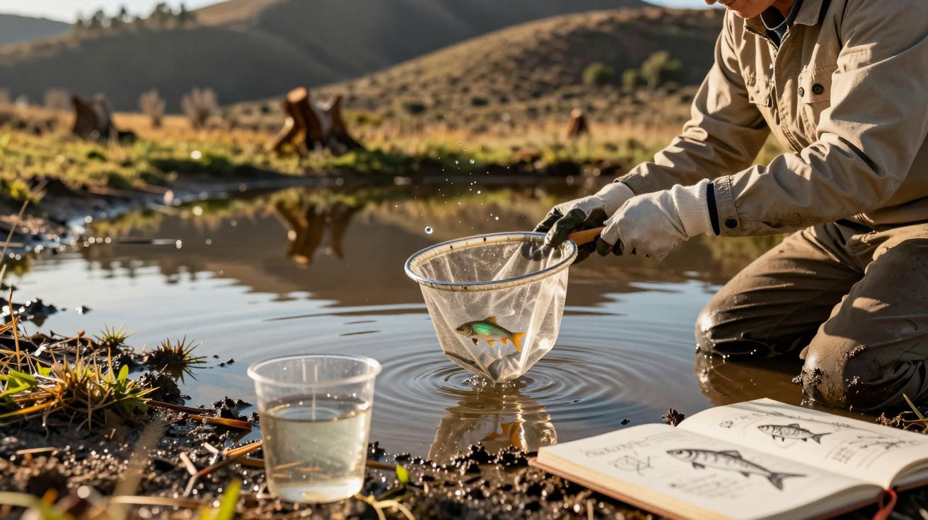 Pessoa coleta peixe em rede numa lagoa pequena, ao lado de um copo e livro aberto com ilustrações de peixes.