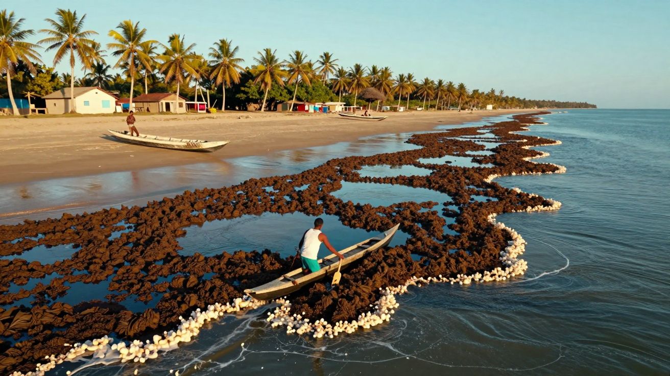 Homem em barco a remar junto a armadilhas de pesca no mar, com praia, palmeiras e casas ao fundo.