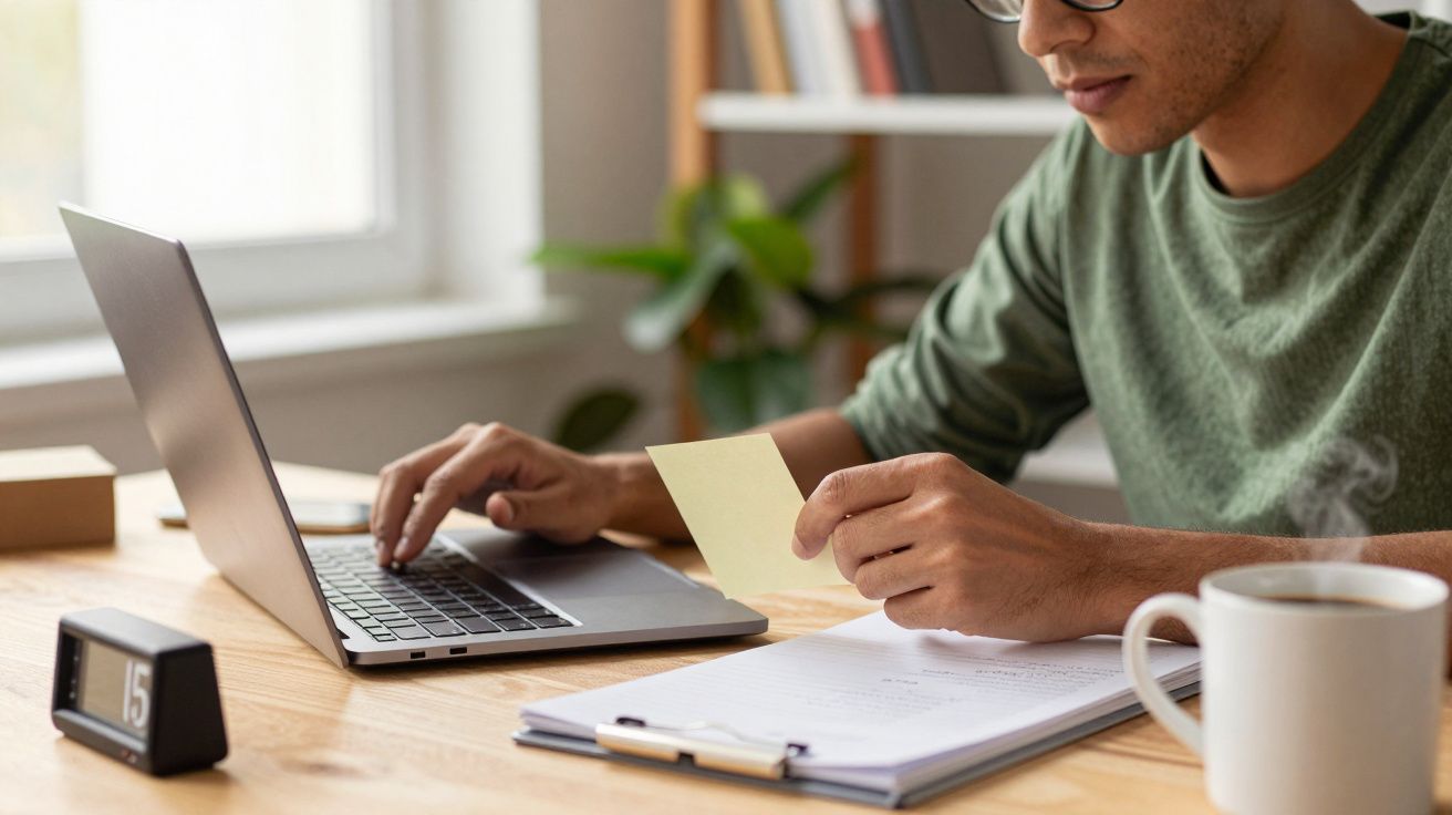 Homem em frente ao portátil, segurando nota adesiva, com caderno e chávenas na mesa, numa sala iluminada.