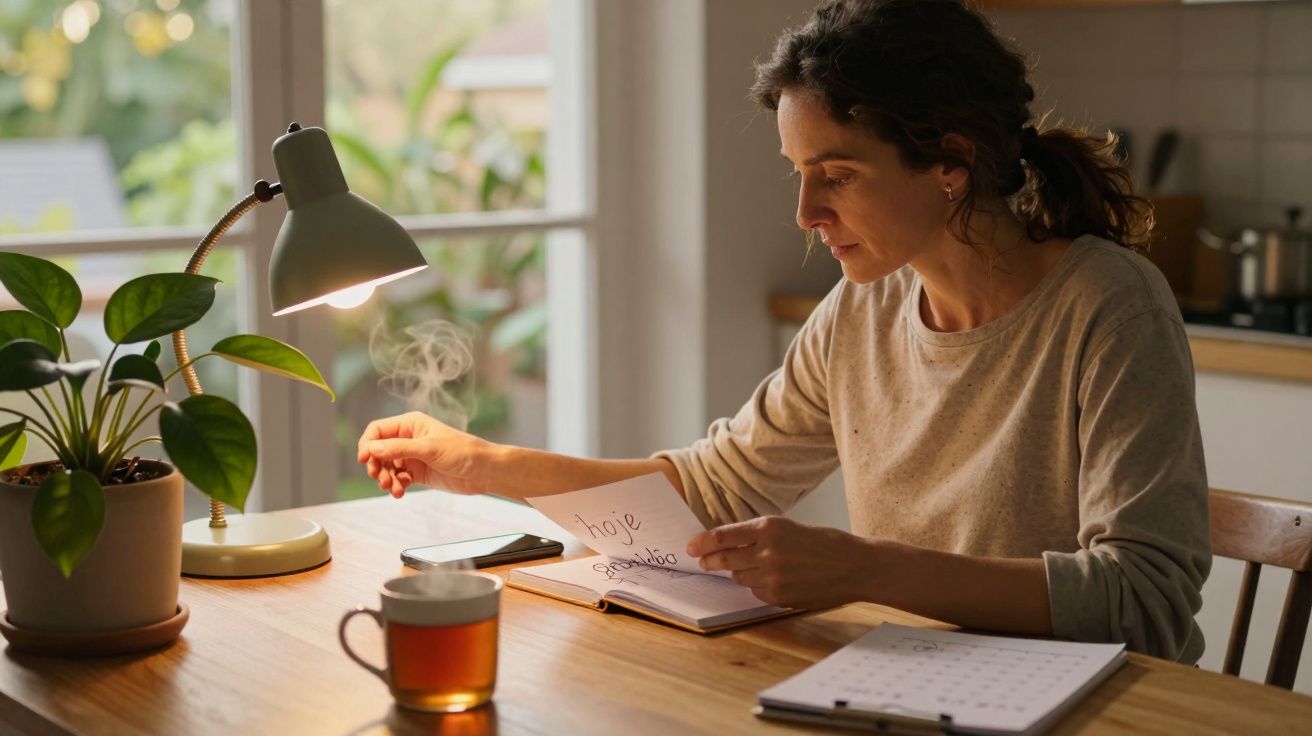 Mulher escreve em blocos de notas numa mesa com chá, planta e candeeiro aceso, num ambiente acolhedor.