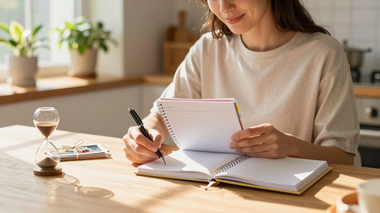 Mulher sentada à mesa, escrevendo num caderno com ampulheta ao lado, em ambiente iluminado pela luz do sol.