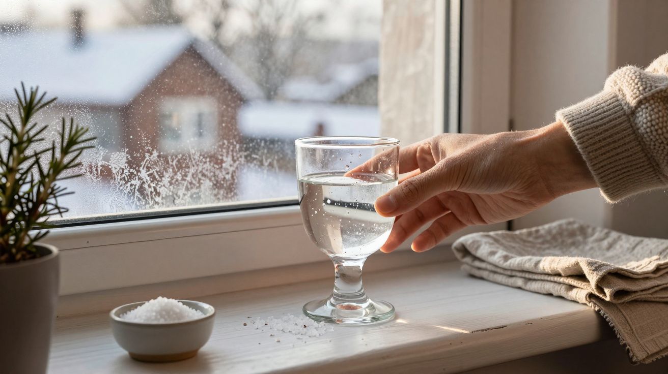 Mão segurando um copo de água junto a uma janela com vista de uma casa nevada ao fundo.
