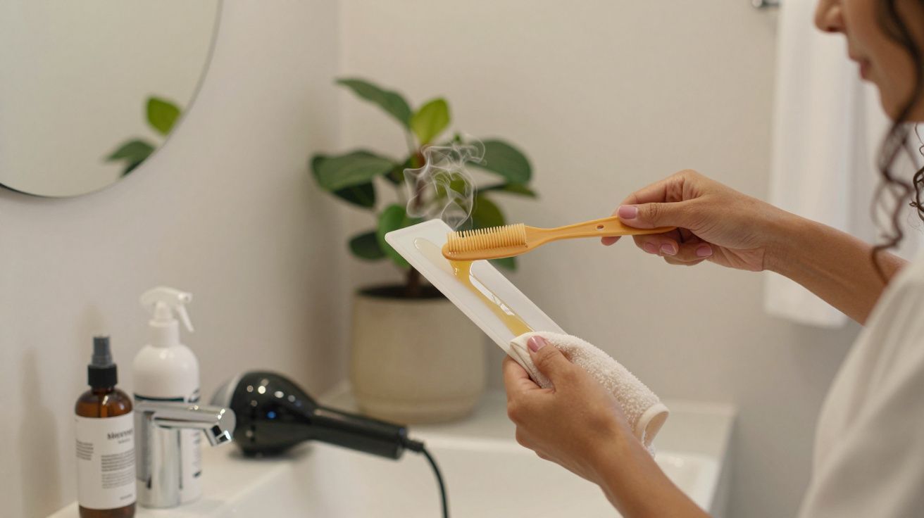 Pessoa prepara uma escova amarela com produto numa casa de banho. Seca cabelo e cremes são visíveis na bancada.