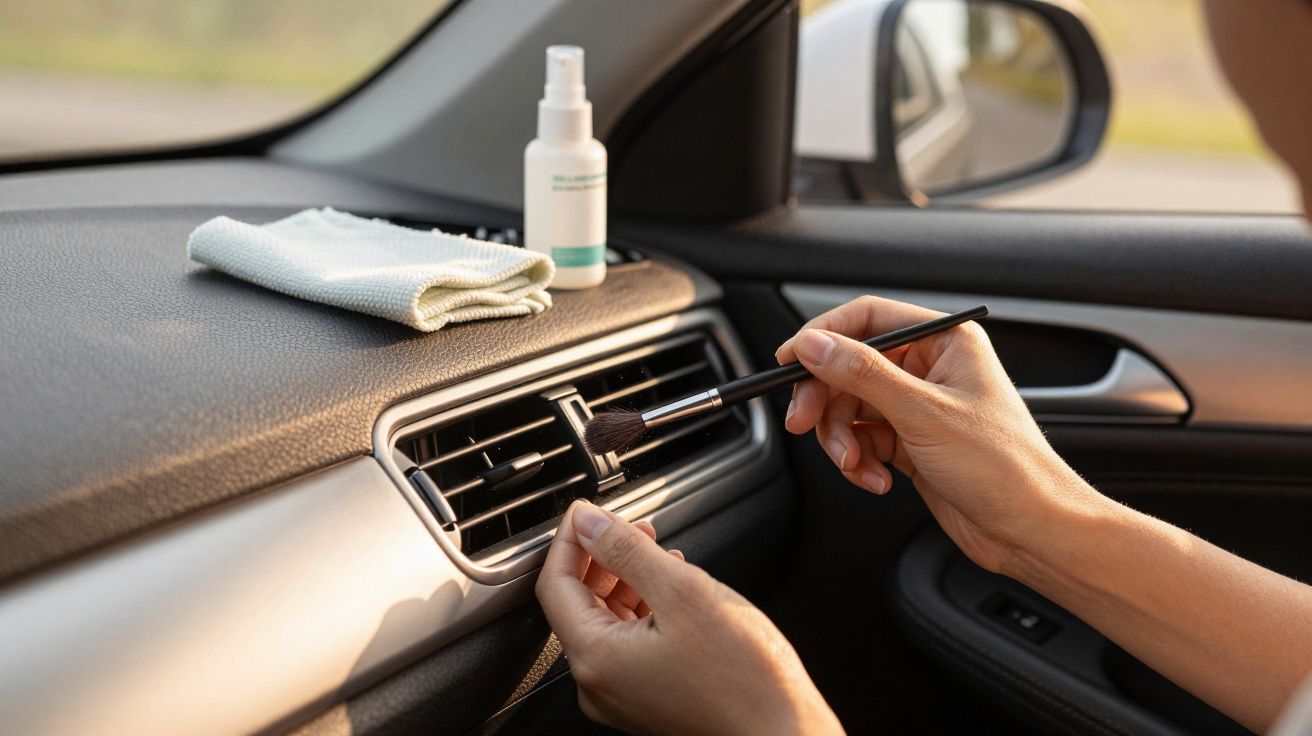 Mãos limpam ventilação de carro com pincel; frasco de spray e pano no tablier.