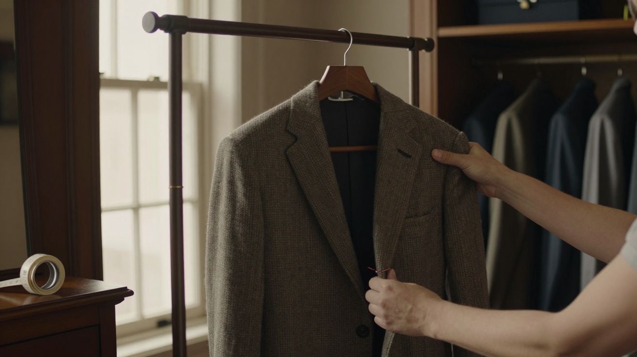 Pessoa ajusta um casaco de fato cinza num cabide em frente a um roupeiro com janelas ao fundo.